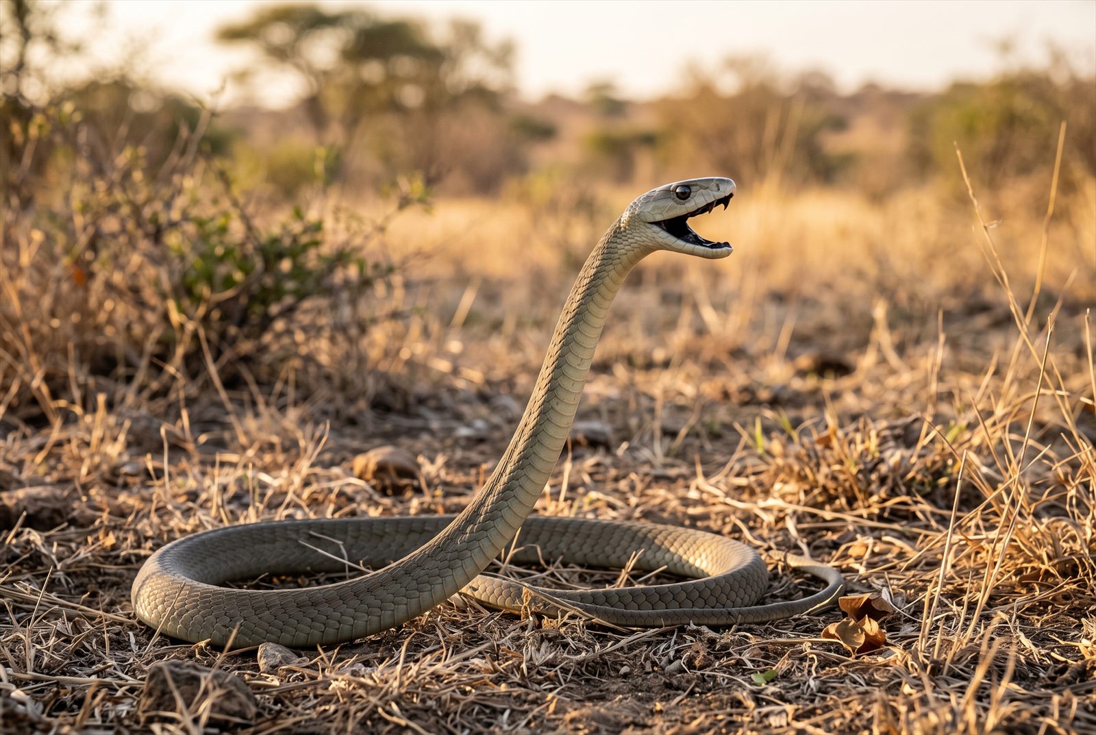 Musta mamba nostaa etuvartalonsa kuivalla savannilla ja näyttää suunsa mustan sisäpuolen